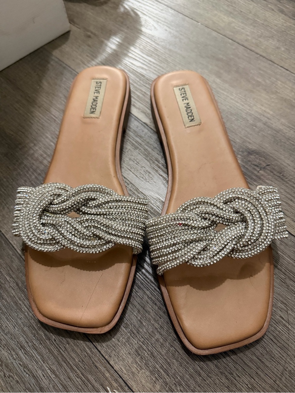 Steve Madden Tan Slide Sandals with Silver Rhinestone Knot Strap